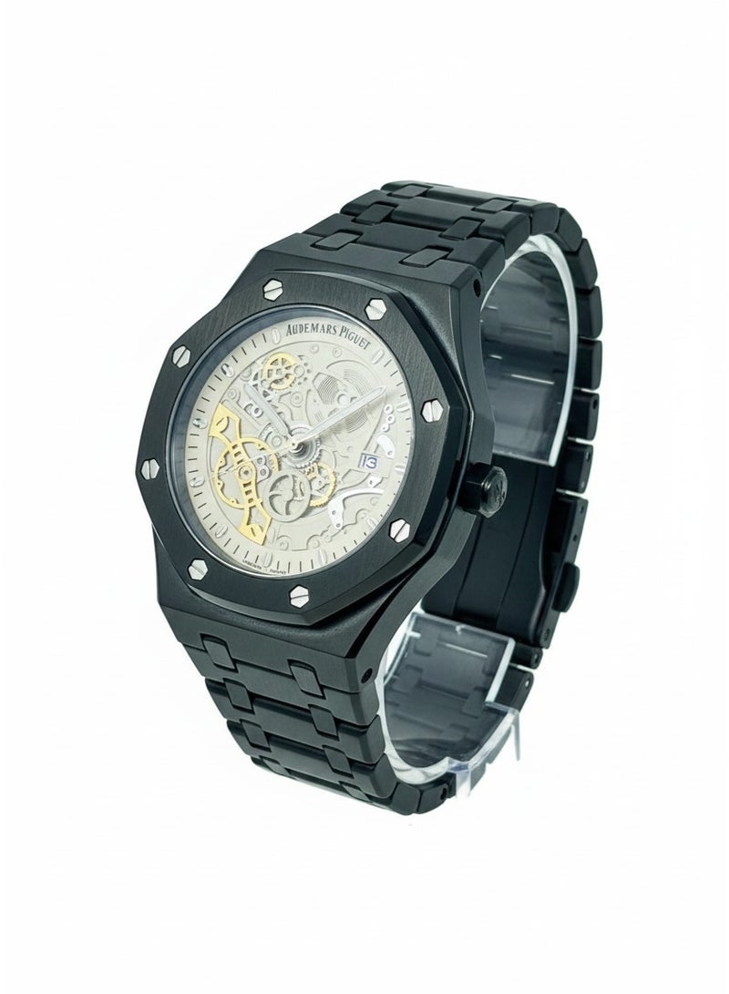 Audemars Piguet Men’s Skeleton Analog Watch – Black Stainless Steel Strap, Luxury Sport Design