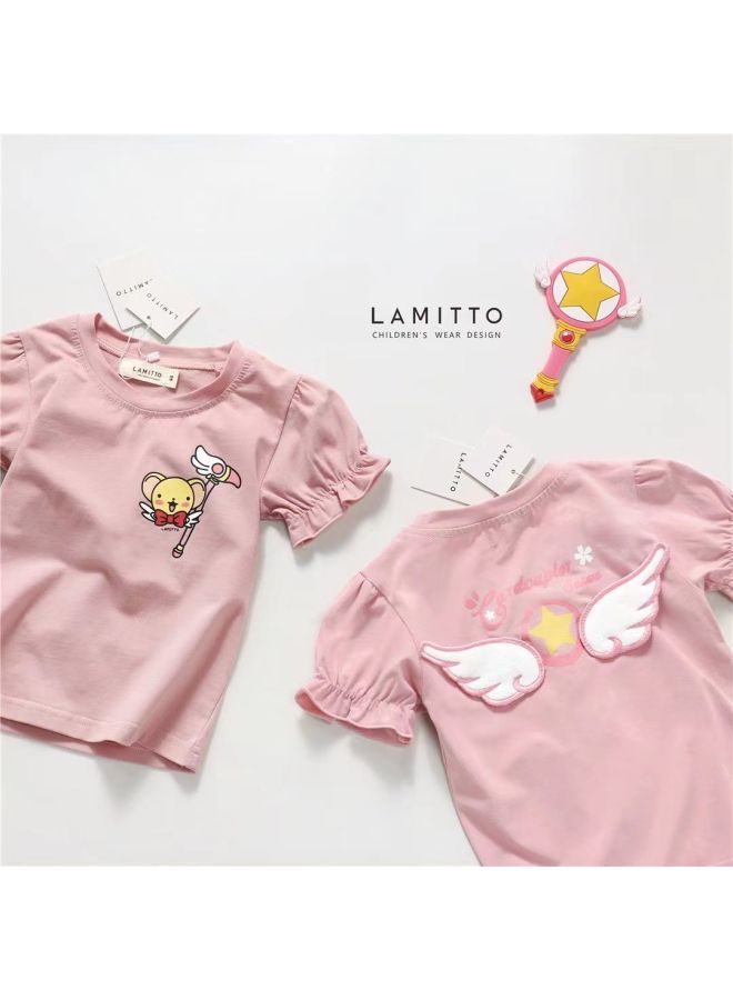 Girls' Short-sleeved T-shirt Summer New Fashion All-match Cartoon Three-dimensional Wings Top Children's Round Collar Fashion