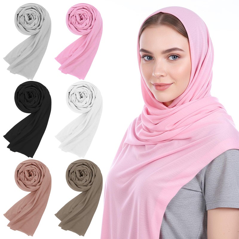 Lemecima 6 Pack Hijab Scarves for Women - Premium Polyester Long Head Jersey Hijab Scarf Wraps in 6 Solid Colors, Soft Muslim Scarf Shawl for All Season, 31.5 x 70.9 inches - Image 1