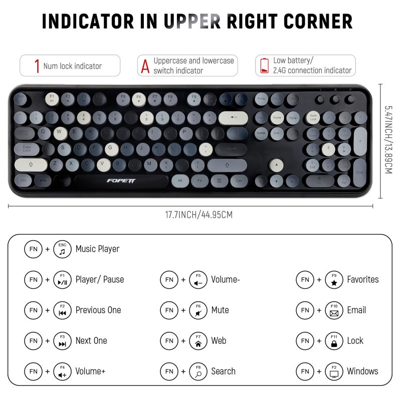 FOPETT Wireless Keyboard and Mouse Combo - 2.4G Full-Sized Cute Colorful Retro Keyboard with Round Keycaps 104 Keys Typewriter Keyboard for Laptop/Windows/PC - Grey Colorful - Image 5