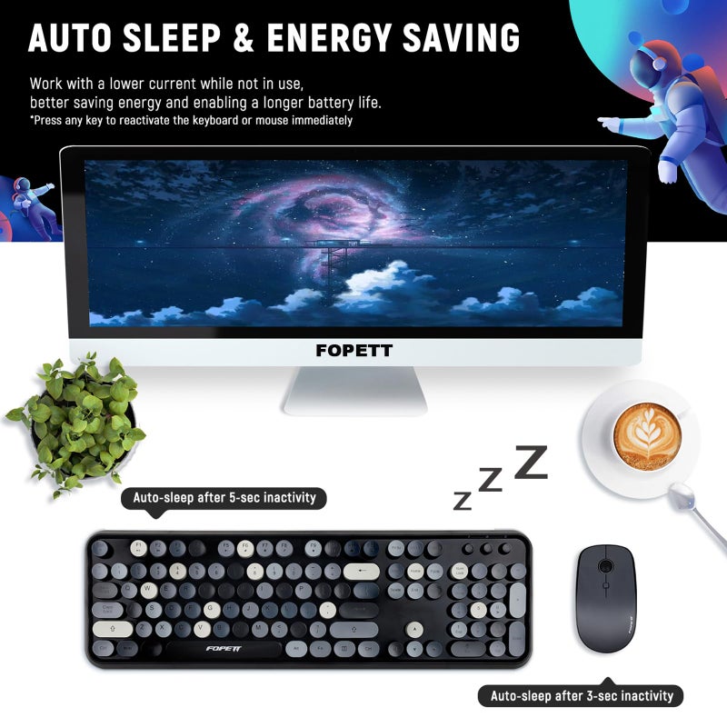 FOPETT Wireless Keyboard and Mouse Combo - 2.4G Full-Sized Cute Colorful Retro Keyboard with Round Keycaps 104 Keys Typewriter Keyboard for Laptop/Windows/PC - Grey Colorful - Image 4