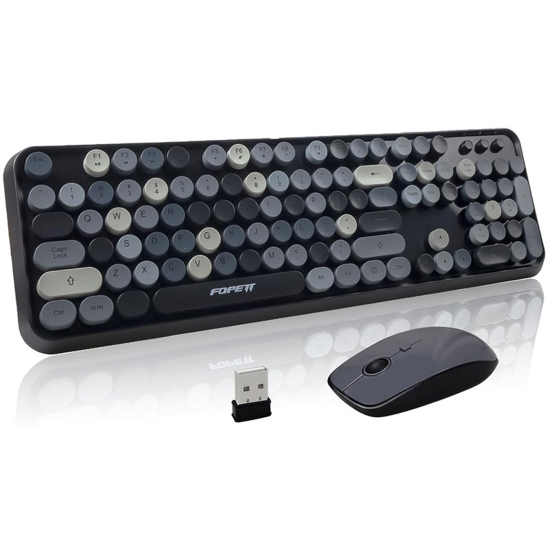 FOPETT Wireless Keyboard and Mouse Combo - 2.4G Full-Sized Cute Colorful Retro Keyboard with Round Keycaps 104 Keys Typewriter Keyboard for Laptop/Windows/PC - Grey Colorful - Image 1