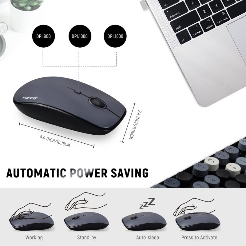 FOPETT Wireless Keyboard and Mouse Combo - 2.4G Full-Sized Cute Colorful Retro Keyboard with Round Keycaps 104 Keys Typewriter Keyboard for Laptop/Windows/PC - Grey Colorful - Image 3
