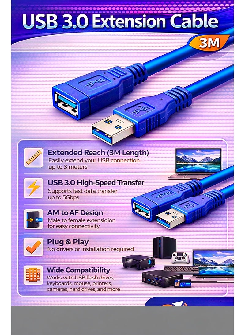​كابل كونف كابل تمديد USB 3.0 ذكر/أنثى AM/AF بطول 3 أمتار، أزرق، يدعم الشحن السريع ونقل البيانات، متوافق مع أجهزة الكمبيوتر الشخصية/المحمولة - Image 3