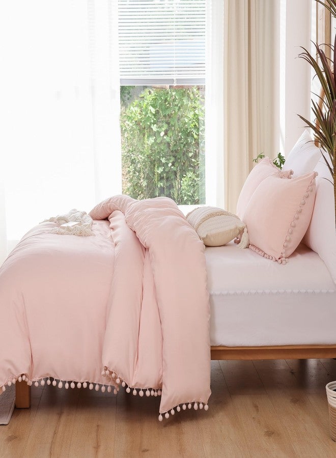 YIRDDEO Twin Comforter Set - Comforter Twin Size Bed with Ball Pom Fringe, Soft Bedding Set for All Seasons - 2 Pieces, 1 Comforter (66"x90") & 1 Pillow Sham(20"x26"), Blush - Image 3