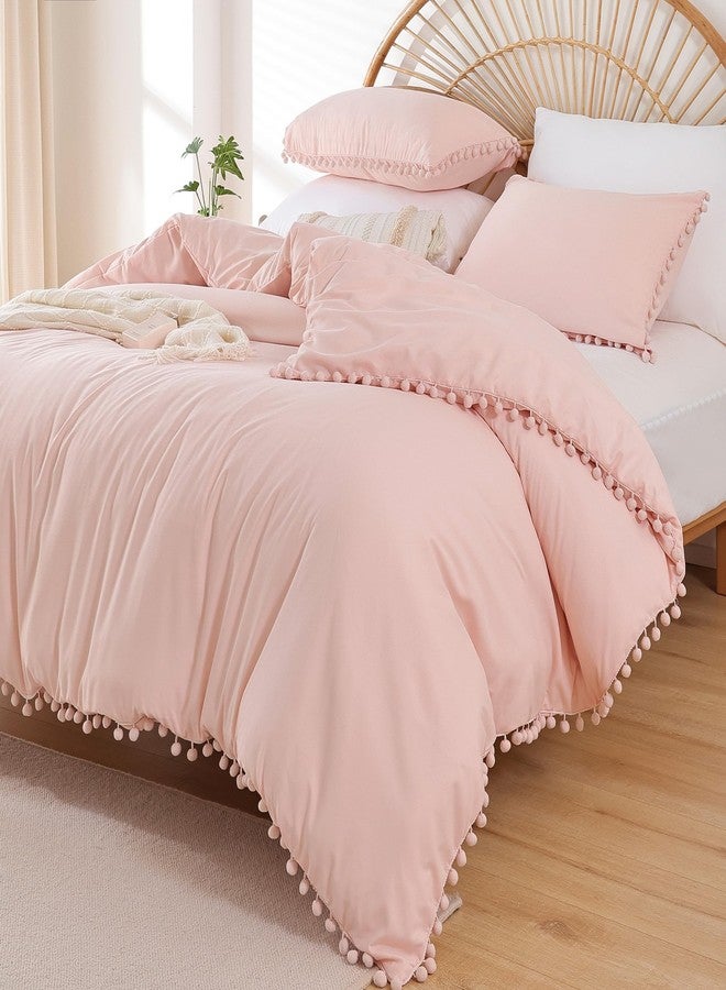 YIRDDEO Twin Comforter Set - Comforter Twin Size Bed with Ball Pom Fringe, Soft Bedding Set for All Seasons - 2 Pieces, 1 Comforter (66"x90") & 1 Pillow Sham(20"x26"), Blush - Image 1
