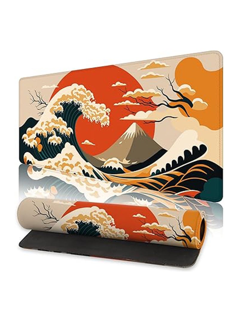 Generic - Gaming Mouse Pad, Japanese Sea Wave Sun Extended Large Desk Mat, Big Computer Keyboard Desk Pad, Stitched Edges Mousepad, (70CM  x 30CM  x 2MM ) Waterproof Desk Pad for Office and Home - Image 1