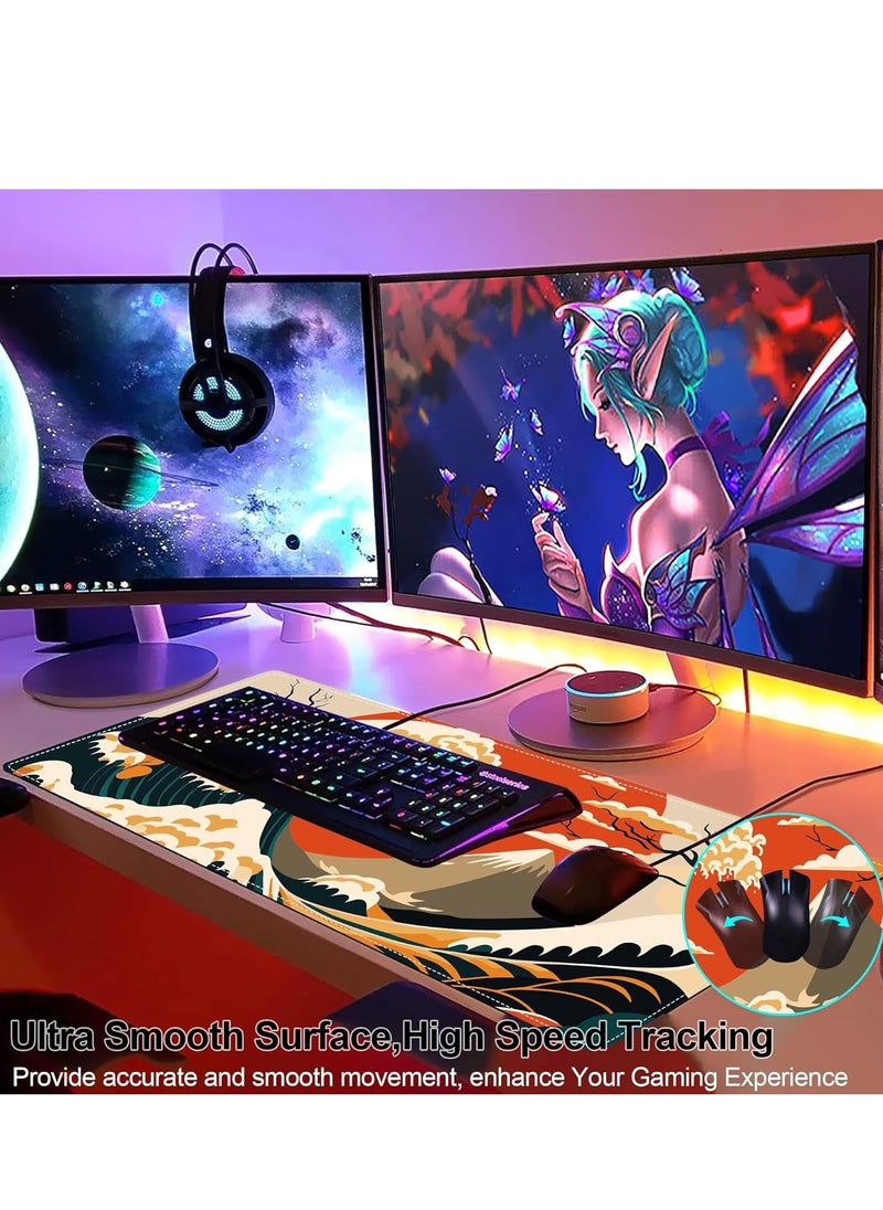 Generic - Gaming Mouse Pad, Japanese Sea Wave Sun Extended Large Desk Mat, Big Computer Keyboard Desk Pad, Stitched Edges Mousepad, (70CM  x 30CM  x 2MM ) Waterproof Desk Pad for Office and Home - Image 1