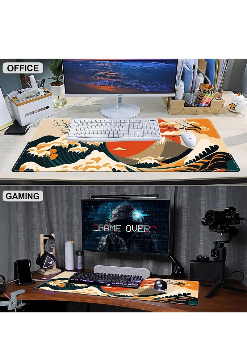 Generic - Gaming Mouse Pad, Japanese Sea Wave Sun Extended Large Desk Mat, Big Computer Keyboard Desk Pad, Stitched Edges Mousepad, (70CM  x 30CM  x 2MM ) Waterproof Desk Pad for Office and Home - Image 1