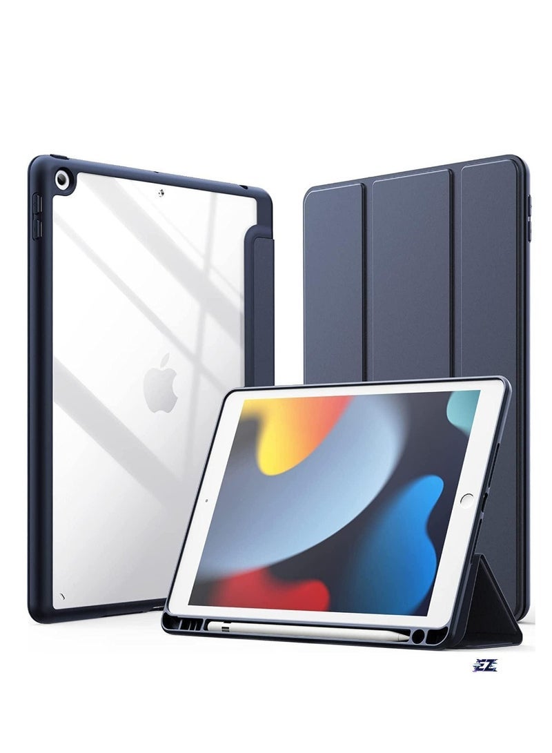 SmartGrist Case Compatible with iPad 10.2-Inch (9th/8th/7th Generation, 2021/2020/2019) – Slim Shockproof Stand Cover with Pencil Holder, Clear Transparent Back Shell (Navy Blue) - Image 1