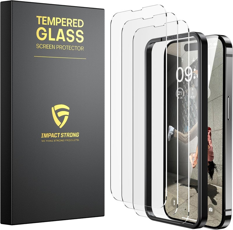 ImpactStrong 3-Pack Shatterproof Tempered Glass Screen Protector for iPhone 14 Pro Max [Easy Installation Frame] [Bubble Free] [9H Hardness] [Full Coverage] Case Friendly, 6.7 Inch - Image 1