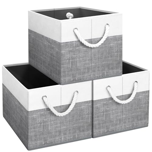 Fab totes Storage Bins [3-Pack], Foldable Storage Baskets for Organizing Toys, Books, Shelves, Closet, Large Storage Box with Rope Handles, Sturdy Organizer Bins, White & Grey - Image 1