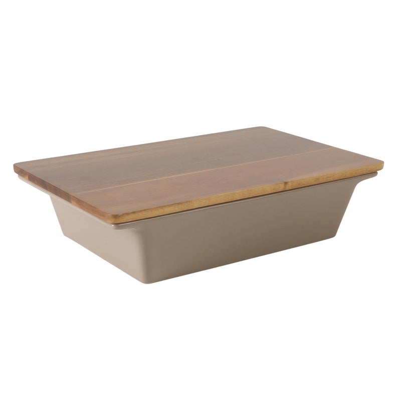 Gibson Elite 2.75-Quart 13.5" x 8.5" Stoneware Baking Dish with Acacia Wood Lid â€“ Taupe Rectangular Oven Safe Baker for Casseroles, Roasting & Serving - Image 1