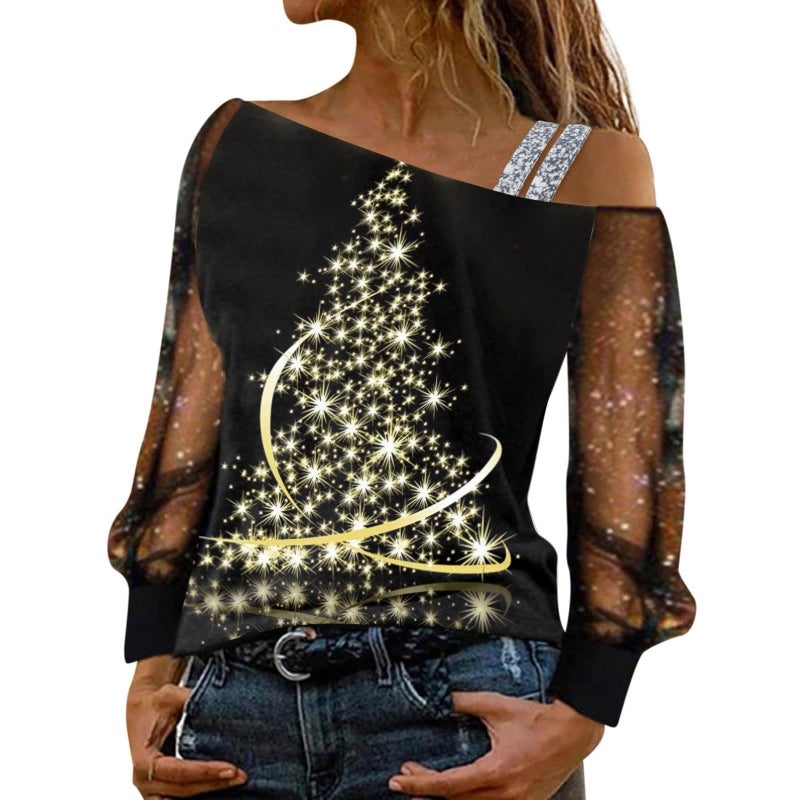 2024 Wish Women'S Long-Sleeved Fashionable One-Line Collar Off-Shoulder Printed Top T-Shirt - Image 1
