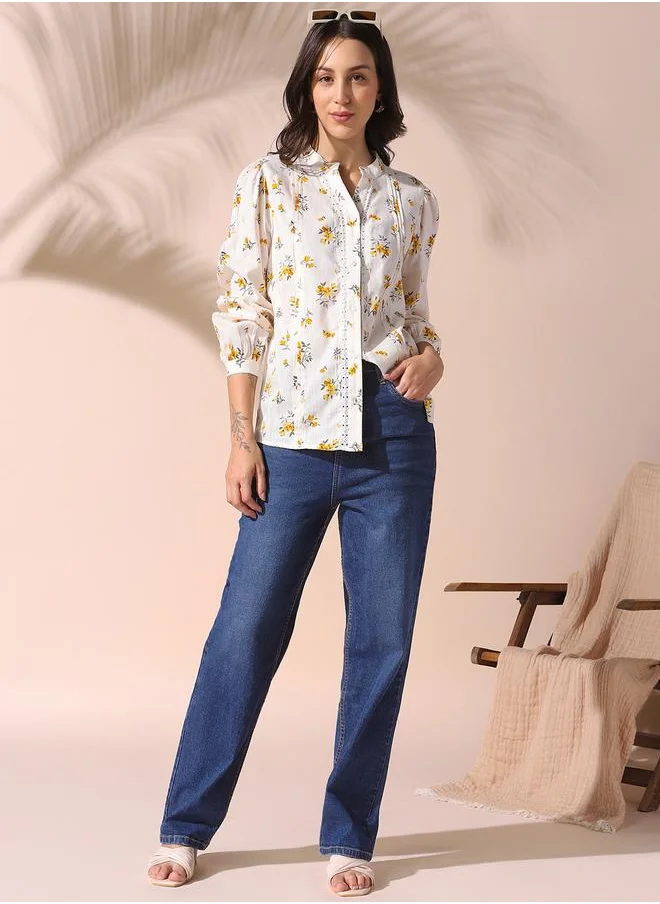 دينيس لينغو Women white regular fit printed full sleeves t-shirt viscose blend top with button closure featuring a mandarin collar- tailored to elevate your everyday.