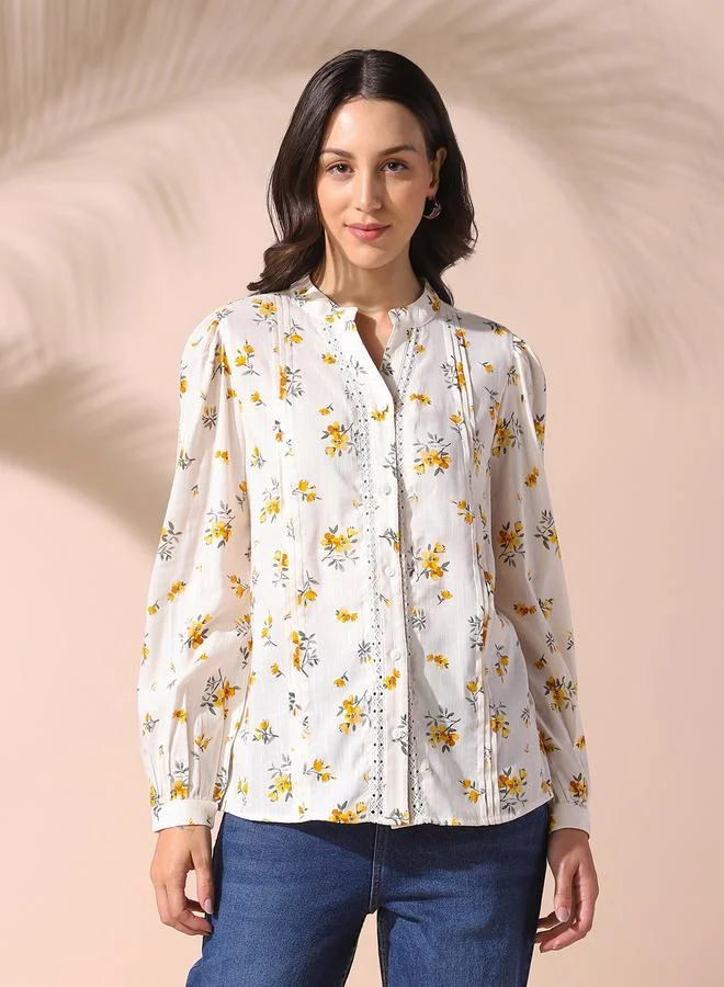 Dennis Lingo Women's White Viscose Blend Printed Regular Fit Tops