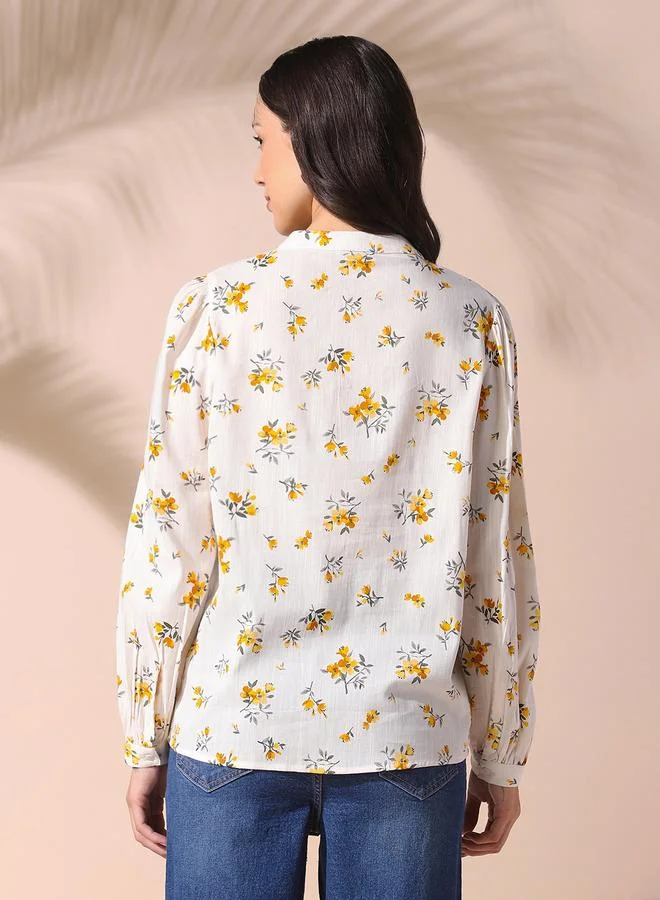 Dennis Lingo Women's White Viscose Blend Printed Regular Fit Tops
