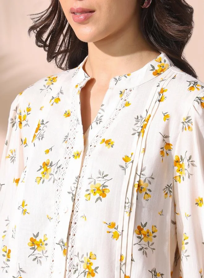 Dennis Lingo Women's White Viscose Blend Printed Regular Fit Tops