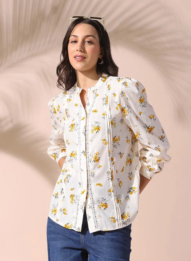 Dennis Lingo Women's White Viscose Blend Printed Regular Fit Tops