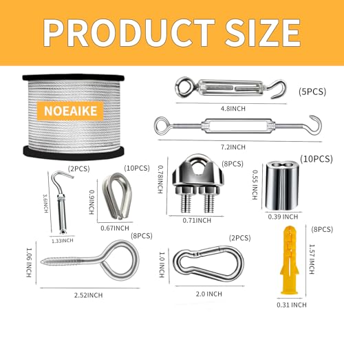 NOEAIKE Wire Rope Kit,165FT 1/8" Vinyl Coated Stainless Steel Wire,Turnbuckles for Cables,Metal Wires for Garden Outdoor String Lights Hanging,Clothes Line Cable - Image 2