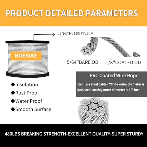 NOEAIKE Wire Rope Kit,165FT 1/8" Vinyl Coated Stainless Steel Wire,Turnbuckles for Cables,Metal Wires for Garden Outdoor String Lights Hanging,Clothes Line Cable - Image 3