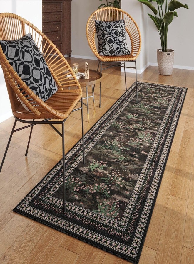 Rugcomf سجادة ممر Rugcomf مقاس 2x6، بتصميم انطباعي عتيق، مناسبة للمطبخ، مانعة للانزلاق، قابلة للغسل، ناعمة، مناسبة للمطبخ، غرفة الغسيل، غرفة النوم، والحمام، لون أسود - Image 2