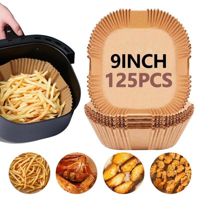 UBeesize 9 Inch Air Fryer Paper Liners,125 PCS Parchment Paper, Air Fryer Disposable Paper Liner for Microwave, Non-Stick Air Fryer Liners Square Free of Bleach - Image 1
