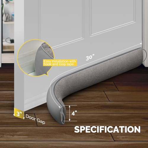 fowong Door Draft Stopper 30 Inch Weighted Under Door Noise Stopper Soundproofing Draft Guard Wind Blocker with Hook Tapes for Easy Install, Grey - Image 2
