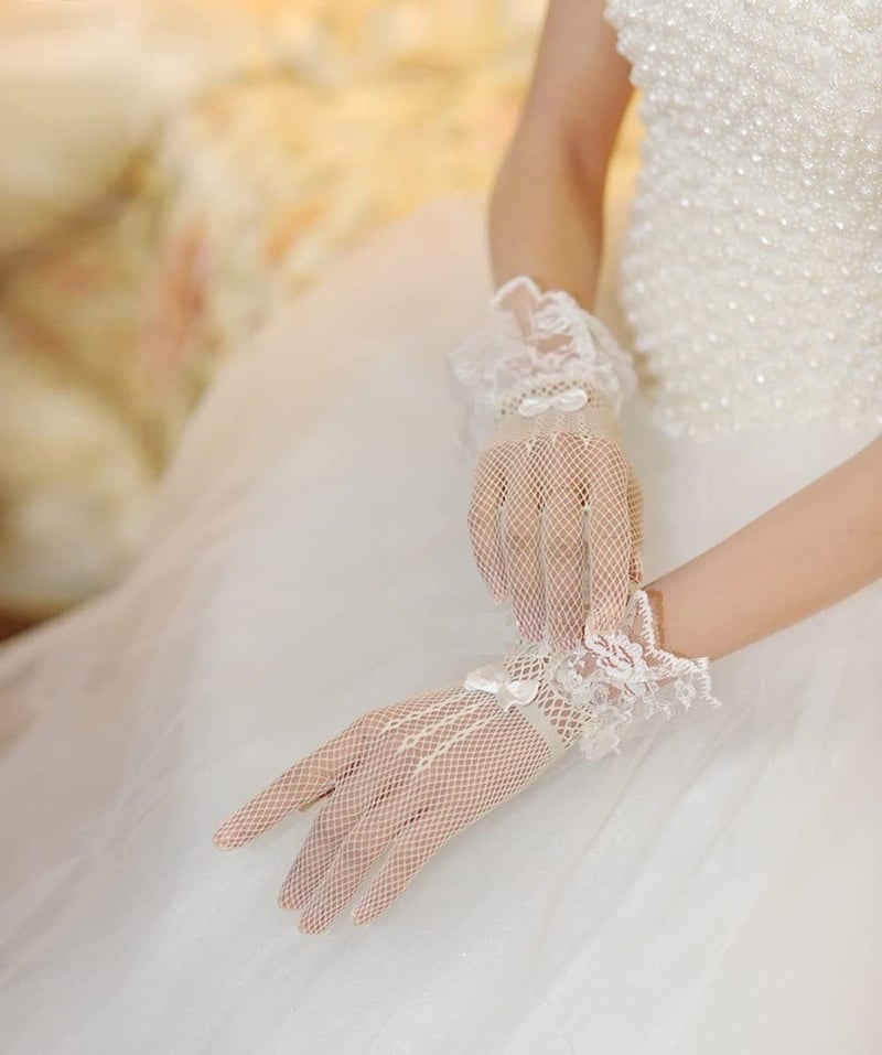 Anzailala Ladies Lace Gloves Elegant Short Gloves Courtesy Summer Gloves for Wedding Dinner Parties (White) - Image 2