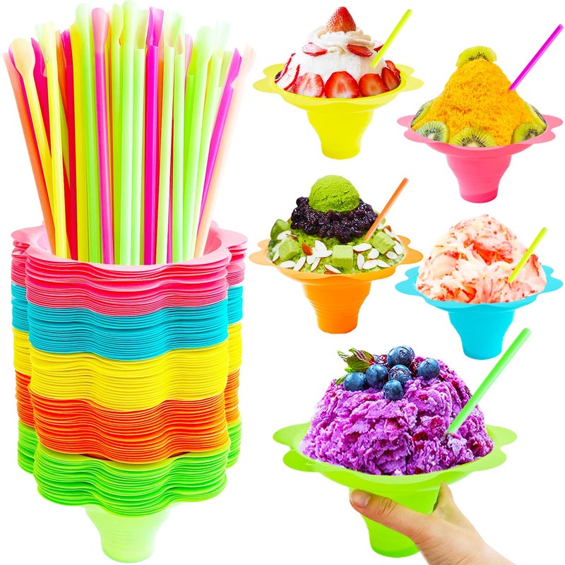 Haawooky 200PCS 8oz Colorful Flower Shaped Snow Cone Cups with Spoon StrawsPlastic Shaved Ice Drip Cups Reusable Plastic Snack Ice Cream Bowls for Kids Party Summer Cookout Food Service