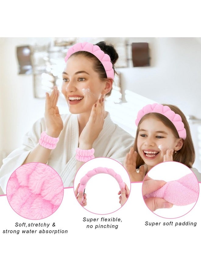 Wecoe - Spa Headband And Wristband Set Makeup Headband For Washing Face Skincare Headband Women Girls Cute Pink Puffy Sponge Bubble Headband Thick Padded Cloud Headband Wrist Towels Scrunchies - Image 1