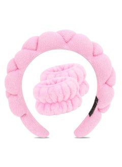 Spa Headband And Wristband Set Makeup Headband For Washing Face Skincare Headband Women Girls Cute Pink Puffy Sponge Bubble Headband Thick Padded Cloud Headband Wrist Towels Scrunchies