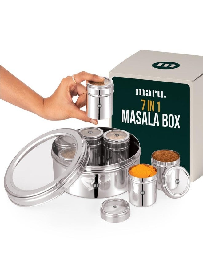 MARU 7-in-1 Stainless Steel Masala Dabba with See-Through Lids Complete Spice Box Set with 7 Individual Containers, Durable Heavy Gauge, Lightweight Design for Kitchen Organization, Silver - Image 1