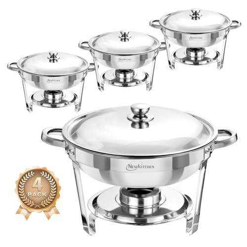 NEWKITCHEN Chafing Dishes for Buffet 4 Pack, 5 QT Round Chafing Dishes for Buffet [Elegant Silver Colors] Stainless Steel Chafing Dish Buffet Set for Any Party - Image 1