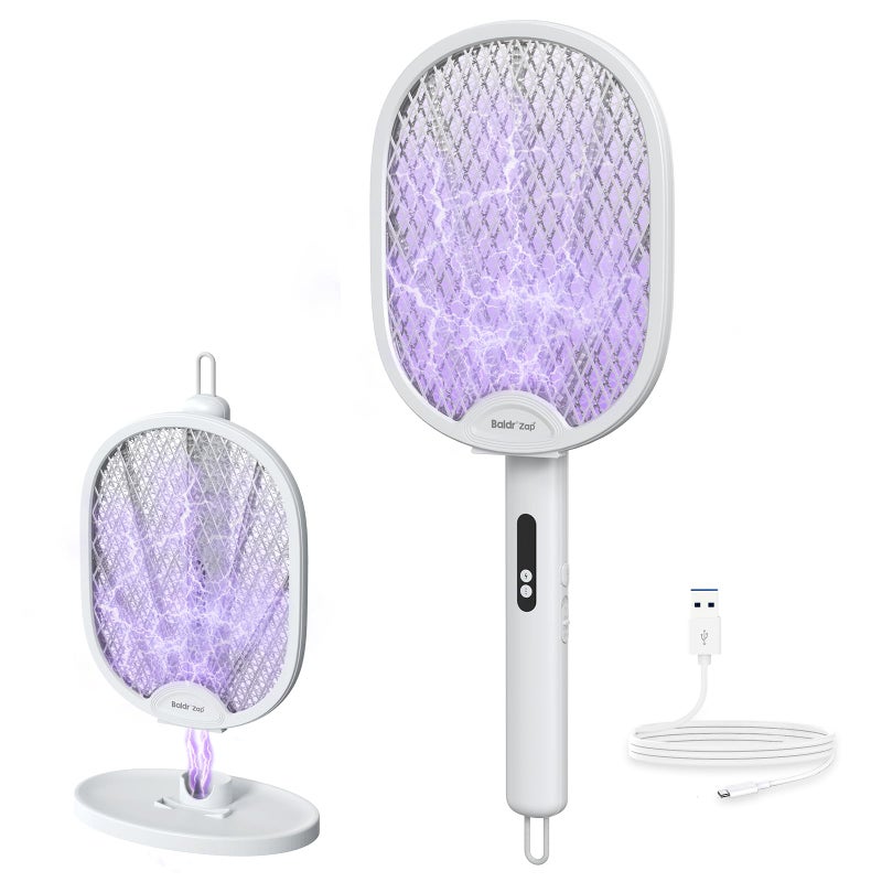 BALDR Electric Fly Swatter Racket, Foldable 2 in 1 Bug Zapper 3000V Powerful Mosquito Killer with Purple Attractant Trap Lamp, 1200mAh Type-C Rechargeable for Indoor Home Office Patio Camping - Image 1