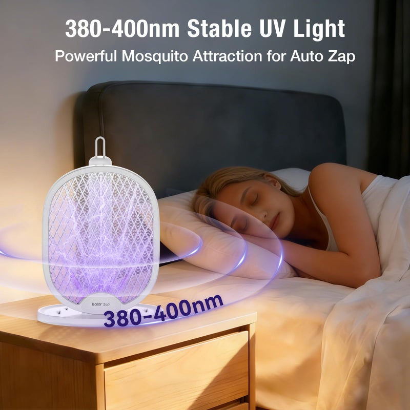 BALDR Electric Fly Swatter Racket, Foldable 2 in 1 Bug Zapper 3000V Powerful Mosquito Killer with Purple Attractant Trap Lamp, 1200mAh Type-C Rechargeable for Indoor Home Office Patio Camping - Image 2