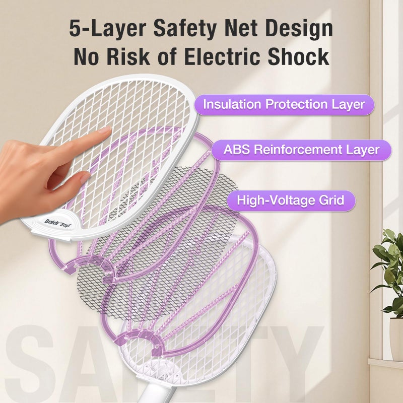BALDR Electric Fly Swatter Racket, Foldable 2 in 1 Bug Zapper 3000V Powerful Mosquito Killer with Purple Attractant Trap Lamp, 1200mAh Type-C Rechargeable for Indoor Home Office Patio Camping - Image 3