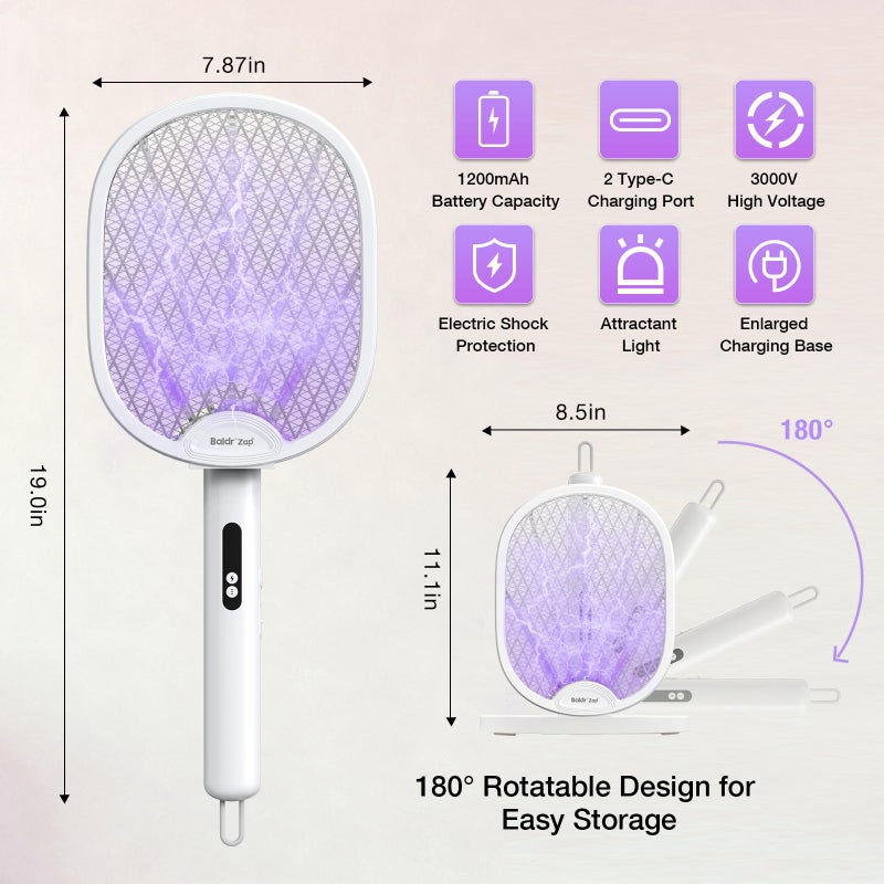 BALDR Electric Fly Swatter Racket, Foldable 2 in 1 Bug Zapper 3000V Powerful Mosquito Killer with Purple Attractant Trap Lamp, 1200mAh Type-C Rechargeable for Indoor Home Office Patio Camping - Image 4