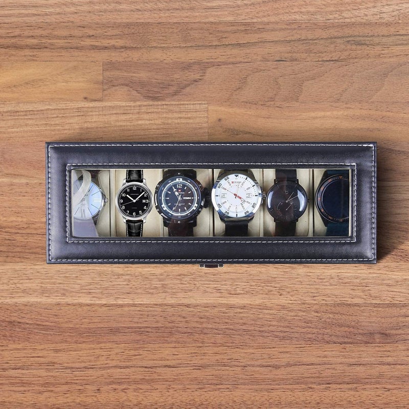OTIPORTER Watch Storage Box Leather Jewelry Storage Organizer Case Portable Watch Case Holder Transparent Window Watch Collection With Lock 6 Slot Watch Box - Image 2