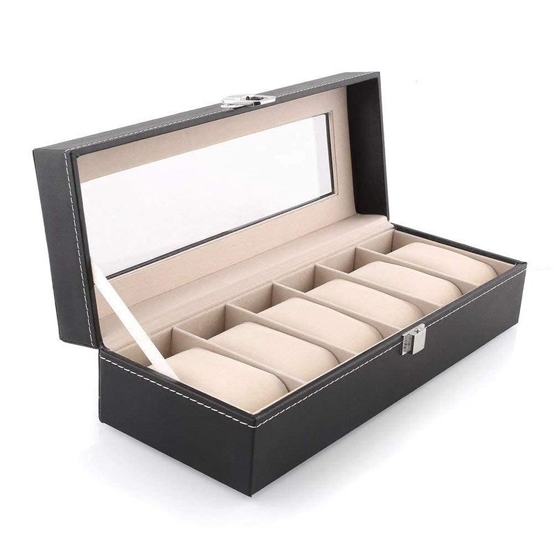 OTIPORTER Watch Storage Box Leather Jewelry Storage Organizer Case Portable Watch Case Holder Transparent Window Watch Collection With Lock 6 Slot Watch Box - Image 1