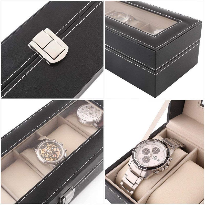 OTIPORTER Watch Storage Box Leather Jewelry Storage Organizer Case Portable Watch Case Holder Transparent Window Watch Collection With Lock 6 Slot Watch Box - Image 4