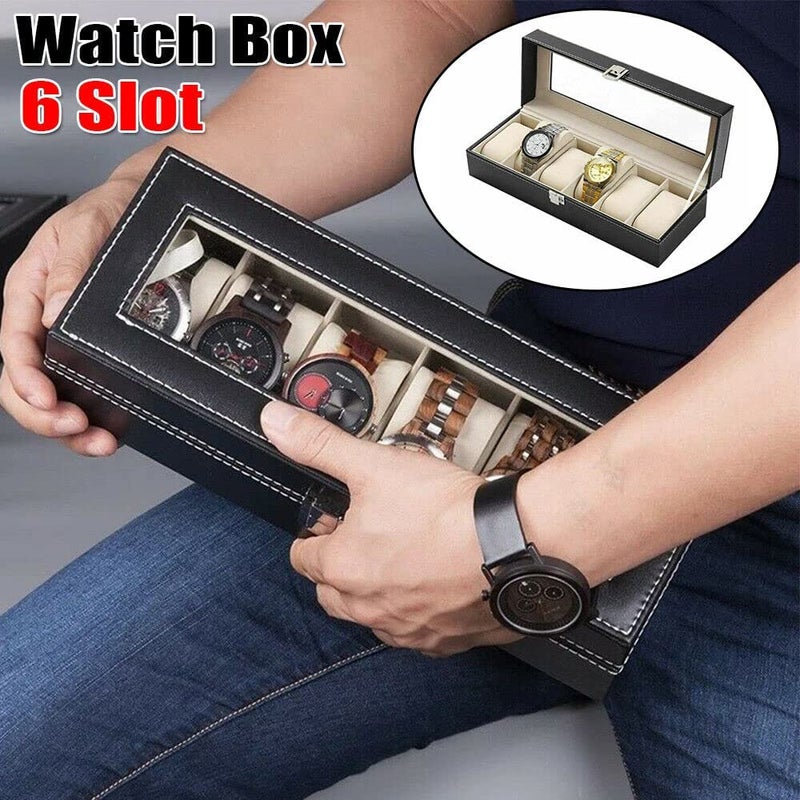 OTIPORTER Watch Storage Box Leather Jewelry Storage Organizer Case Portable Watch Case Holder Transparent Window Watch Collection With Lock 6 Slot Watch Box - Image 3