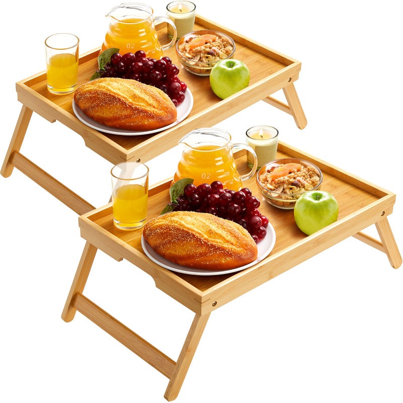 Pipishell Bamboo Bed Breakfast Tray with Foldable Legs, Handles, Ideal for Kids, Couples, Sofa, Eating, Working, Used As Laptop Desk Snack Table - 2 Pack - Image 1