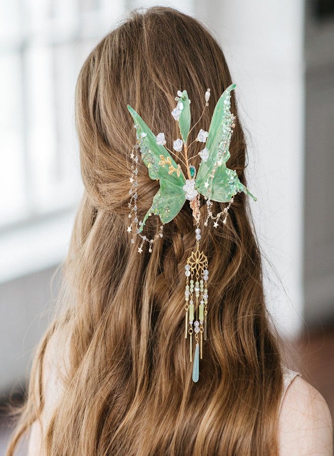 FRESHME Butterfly Hair Clip for Women - 1 Pc Green Fairy Hair Accessories with Tassel Butterfly Wings Elf Claw Clips Elven Hair Clamps for Photoshoot Prom Renfaire Fantasy Costume Cosplay - Image 5