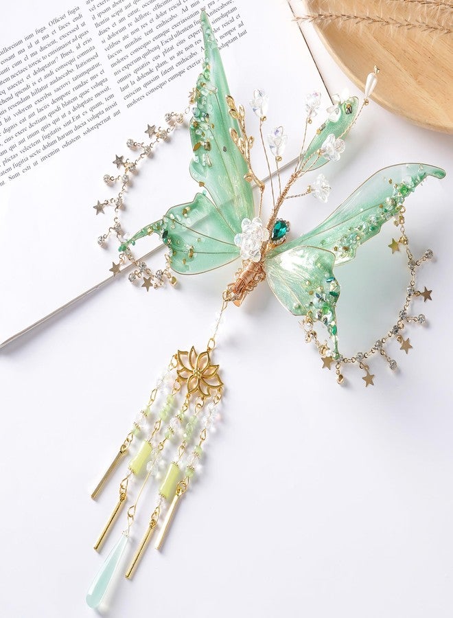 FRESHME Butterfly Hair Clip for Women - 1 Pc Green Fairy Hair Accessories with Tassel Butterfly Wings Elf Claw Clips Elven Hair Clamps for Photoshoot Prom Renfaire Fantasy Costume Cosplay - Image 2
