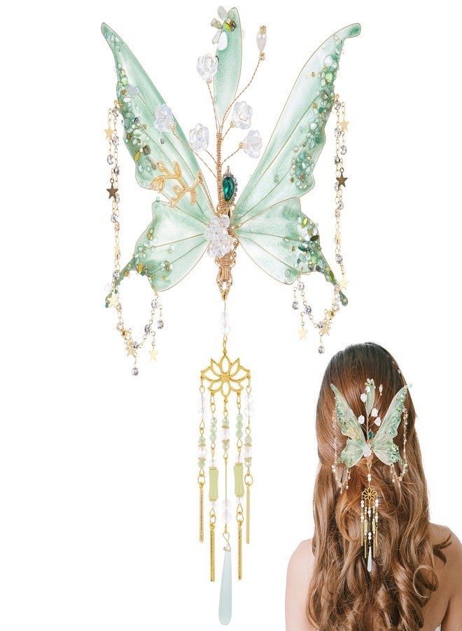 FRESHME Butterfly Hair Clip for Women - 1 Pc Green Fairy Hair Accessories with Tassel Butterfly Wings Elf Claw Clips Elven Hair Clamps for Photoshoot Prom Renfaire Fantasy Costume Cosplay - Image 1