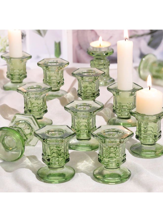 Lanttu 12 Pcs Green Candlestick Holders Bulk, Glass Candle Holders Set,Crystal Taper Candle Holder for Wedding, Table Centerpiece, Home Decoration - Image 1