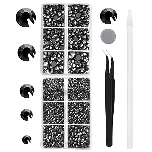 MEIBITE 6796PCS Shiny Black Hotfix Rhinestones Crystal Stones Glass for Fabric Clothes Shirts Sparkly Flat Back Round with Tweezers and Picking Pen SS6SS30 Set