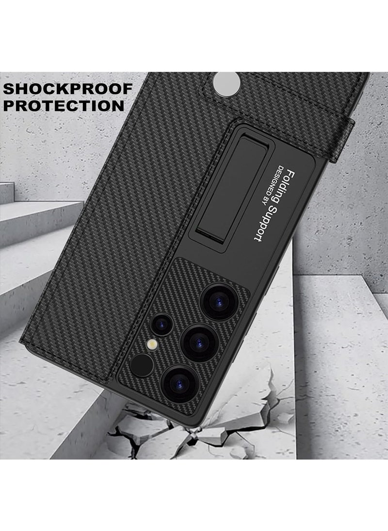 Aookay for Samsung Galaxy S25 Ultra Flip Wallet Case, PU Leather Magnetic Flip Kickstand Cover with Card Holder Slot, Anti-Shock Magnetic Buckle All-Around Protective (Carbon Fiber Black)  - Image 4