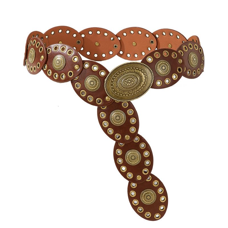 Mealah Women Western-Belts Wide-Hollow-Disc-Leather-Belt Metal Buckle Vintage Soft Belt for Jeans Dresses - Image 1